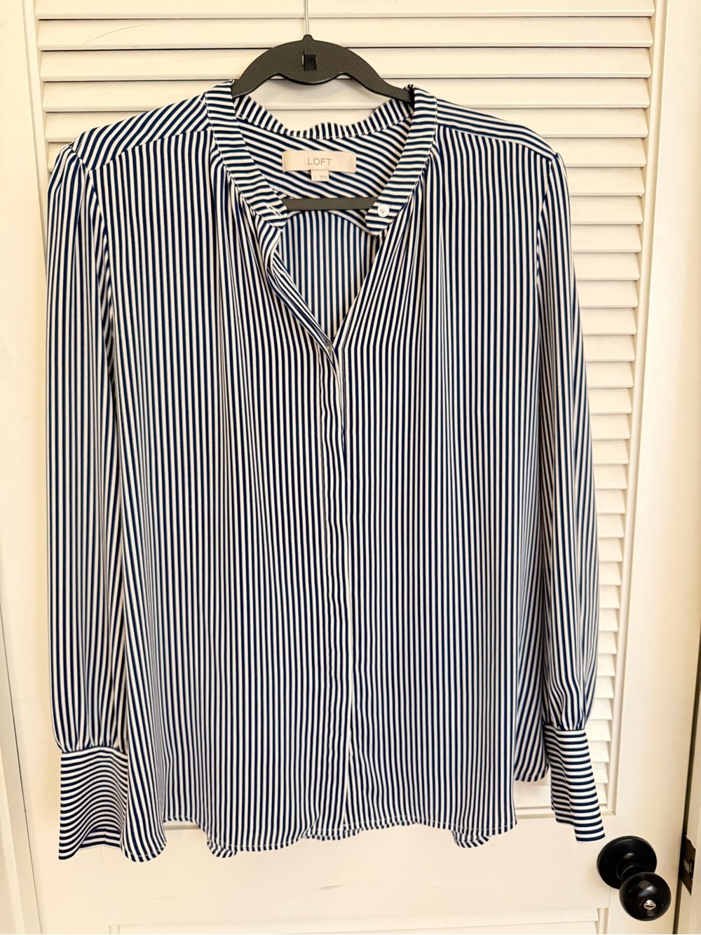LOFT Navy and White Vertical Stripe Button-Front Shirt